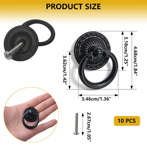 Vintage Black Ring Drawer Pulls Set Of Ten For Cabinets And Dressers Antique Zinc Alloy Handles with dimensions displayed