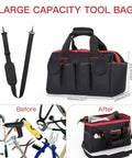 Pro Grade 16 Inch Tool Bag Organizer With 17 Pockets And Adjustable Shoulder Strap For Men And DIYers Portable Toolbox For Home Workshop And On The Go; black bag with tools.