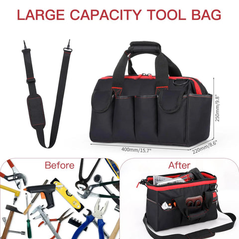 Pro Grade 16 Inch Tool Bag Organizer With 17 Pockets And Adjustable Shoulder Strap For Men And DIYers Portable Toolbox For Home Workshop And On The Go; black bag with tools.