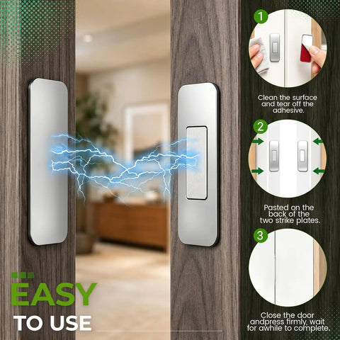 Ultra Thin Magnetic Cabinet Catch 4 Pack Silver installation steps with adhesive application on wooden door surface.