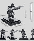 Knight Pen Holder With Two Pens And Resin Desk Organizer For Men showing knight figure holding pen, includes product dimensions.