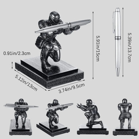 Knight Pen Holder With Two Pens And Resin Desk Organizer For Men showing knight figure holding pen, includes product dimensions.