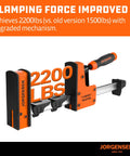 Heavy Duty 12 Inch Parallel Bar Clamps Two Pack Built Like A Tank Steel Tool With Quick Release Handle And Rubberized Pads For Cabinet Build Furniture Fix Zero Warp Cutting Board Task, displaying 2200 lbs clamping force.