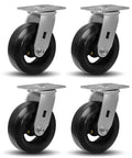 Heavy Duty 6 Inch By 2 Inch Caster Wheels Set with Mold On Rubber Cast Iron Wheels Swivel Top Plate Casters, Four Pack