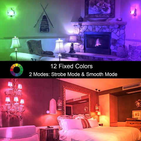 Living room and bedroom lit by Color Changing RGB LED Bulbs E12 5W 12 Colors A15 Candle Base With Remote 4 Pack