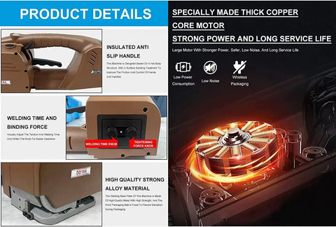 Badass Rechargeable Electric Strapping Machine For PP And PET Plastic Straps showing insulated anti-slip handle and control knobs.