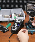 Micro Soldering Kit With 5 C210 Tips, Pro Grade Precision Soldering Station in use for circuit board repair