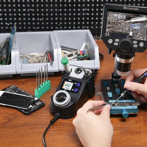 Micro Soldering Kit With 5 C210 Tips, Pro Grade Precision Soldering Station in use for circuit board repair
