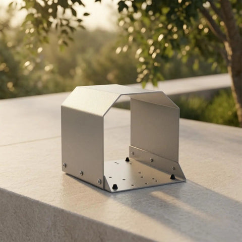 Heavy Duty Grey Foot Switch Guard Cover With Angled Hooded Shape And Textured Coating For Tight Machine Shop Spaces Durable Hardware Accessory on a stone surface.