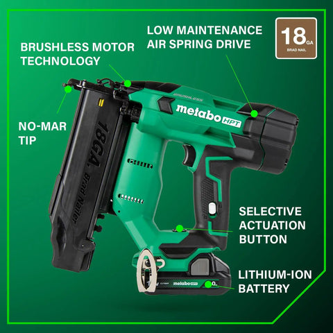 18V MultiVolt Brushless Compact Cordless Brad Nailer Kit With 2.0Ah Battery Drives Five Eighths To Two Inch Nails showing features