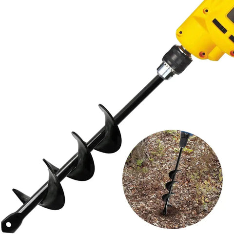 Garden Auger Drill Bit For Bulbs And Bedding Plants, 1.8 By 15 Inch, Three Eighths Inch Hex Drive Earth Digger attached to drill
