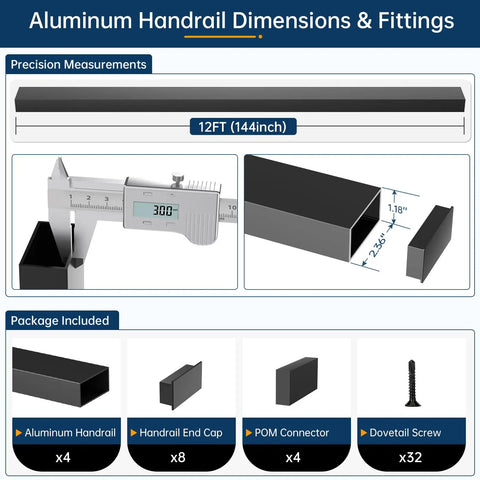 Aluminum handrail dimensions and fittings showing 12Ft Black Aluminum Handrail For Cable Railing Systems, Solid 3Mm Thick.