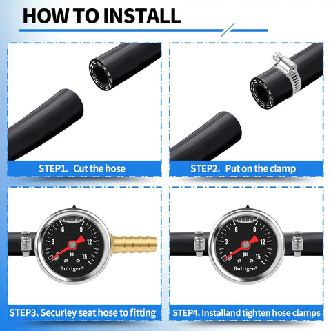 Installation guide for Dead Nuts Accurate Fuel Pressure Gauge Kit 0 To 15 Psi with hose cutting and securing steps.