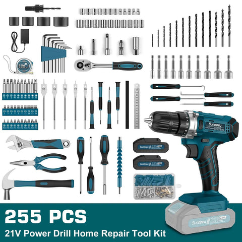 21V Cordless Drill And 255 Piece Tool Set With Drawer For Home Auto And DIY Repairs, tools shown including drill and bits