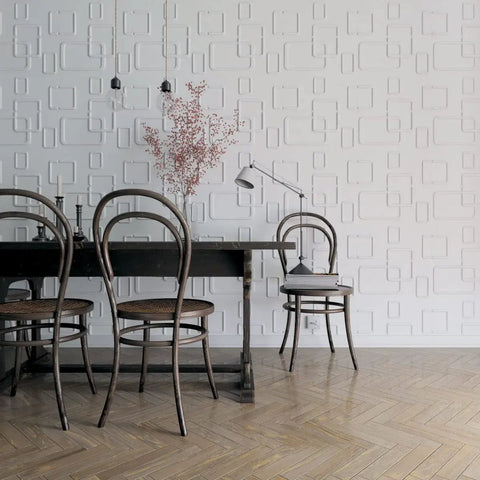 Odessa EnduraWall 3D Decorative Wall Panels 19 5 8 In W X 19 5 8 In H White 20 Per Case Covers 53.49 Sq Ft in dining room setting