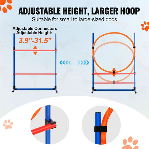 All In One Dog Agility Training Kit For Backyard Fun With Adjustable High Hurdles showing adjustable connectors and jump ring