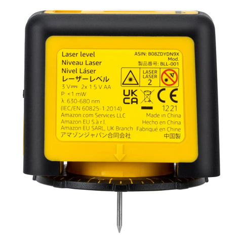 360 Degree Rotating Laser Level For Picture Hanging And Home Renovation That Feels Like A Workhorse With 2 Extra Large Backlit Bubble Vials 16 Ft Range Class II Red Beam Yellow And Black back view with label and mounting pin