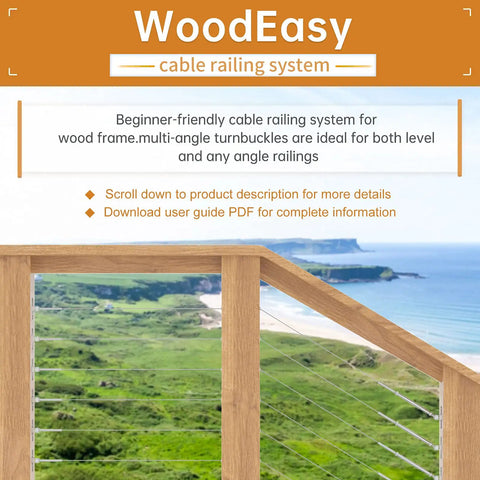 WoodEasy cable railing system with wood post overlooking green landscape and sea