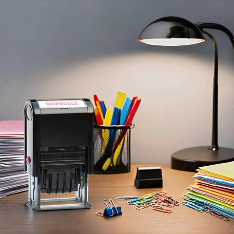 Heavy Duty Self Inking Date Stamp With Custom Message And Signature Replaceable Dual Color Ink Pad For Office Paperworks on a desk with papers and clips.