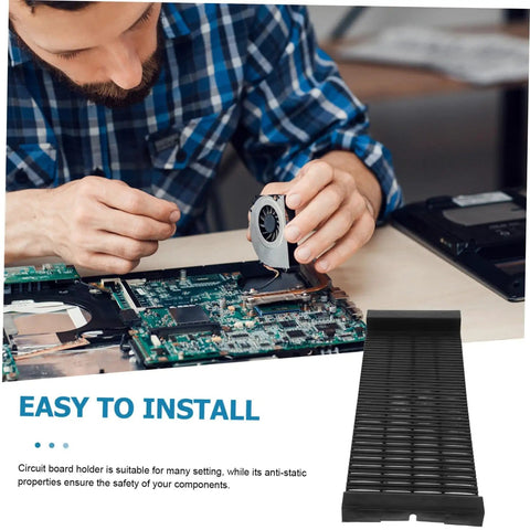 Durable Circuit Board Bracket Anti Static Storage Rack PCB Holder for electronics next to a technician working on a circuit board.