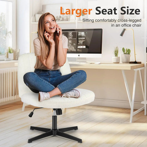 Woman sitting cross-legged on Criss Cross Furry Armless Office Chair With Wide Seat, Cozy Teddy Beige in home office