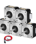 Five NEMA 17 stepper motors (5-pack) with silver front plates and black housings, 4-wire cables.