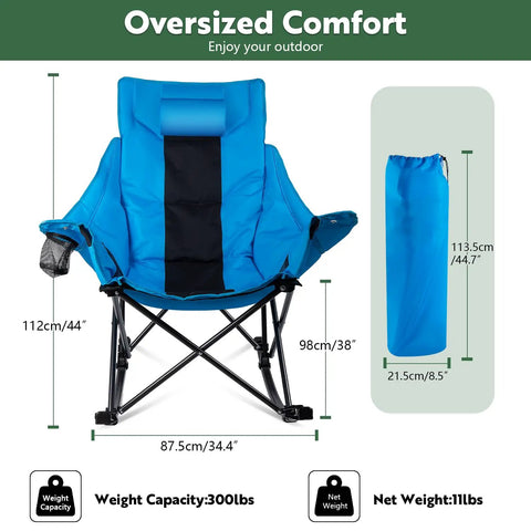 Oversized Rocking Camping Chair With Luxury Padded Recliner For All Day Comfort Heavy Duty Folding Lawn Chair With Pocket And Carry Bag Outdoor Camp Rocker For Adults Up To 300 Lbs Blue shown with dimensions and carry bag