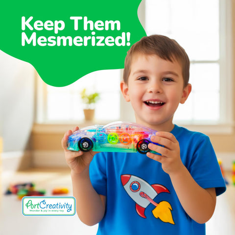 Light Up Transparent Sensory Car Toy With Bump N Go Action, Colorful Moving Gears, Music And LED Effects For Kids, A Totally Fun Easter Gift For Toddlers And A Perfect Birthday Present