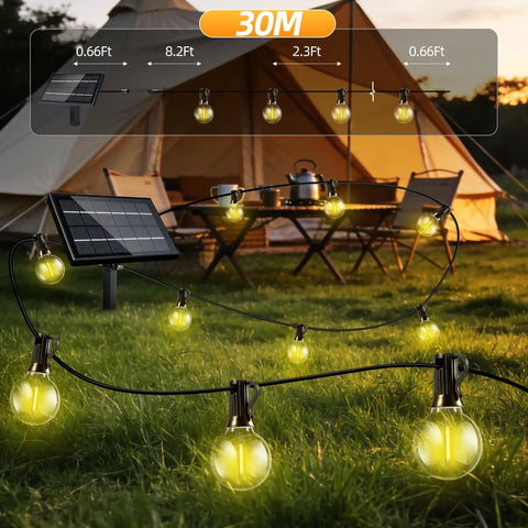 100Ft Solar String Lights Outdoor Waterproof G40 Shatterproof Bulbs illuminating a camping tent with solar panel