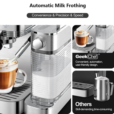 Top Shelf 20 Bar Espresso Machine With Built In Milk Frother And Three Speed Temperature Control makes creamy lattes with automated frothing.