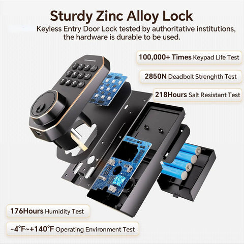 Dead Simple Keyless Entry Door Lock With Knob Set In Classic Oil Rubbed Bronze showcasing sturdy zinc alloy construction and electronic components.