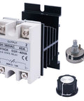 Beefy SSR 40VA Solid State Relay 24-380V AC 40A with heat sink, potentiometer, and knob for single-phase DIY projects.