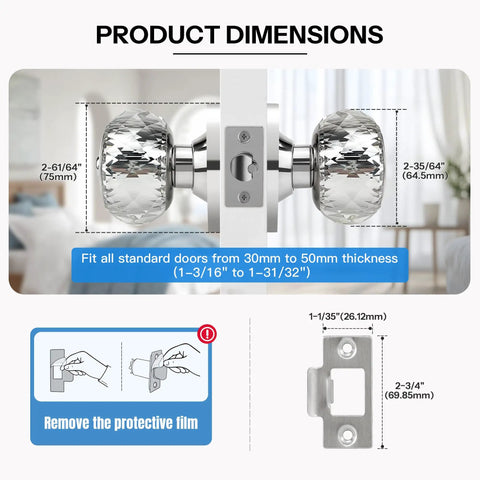 Crystal Glass Door Knob With Privacy Lock And Keys Satin Nickel Finish Diamond Cut Interior Door Knob dimensions diagram