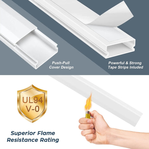 62.8 Inch White Cable Cover Wall Kit showing push-pull cover design and UL94 V-0 flame resistance with lighter test