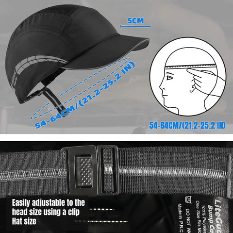 Side view of Lightweight Bump Cap With Breathable Baseball Cap Style For Head Protection On The Job For Men And Women Black Finish.