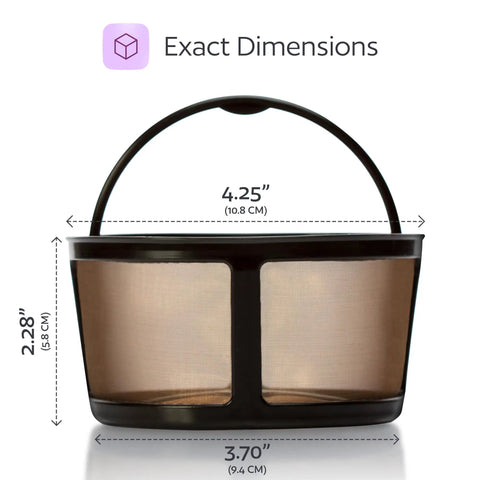 Reusable Carafe Basket Coffee Filter For K-Duo Brewers Hot And Iced Gen 2, black mesh size dimensions shown