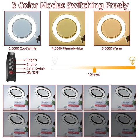 Desk Lamp With Built In 10X Magnifying Glass, 72 LED Lights, 1200 Lumens, Three Color Modes, Stepless Dimmer settings display