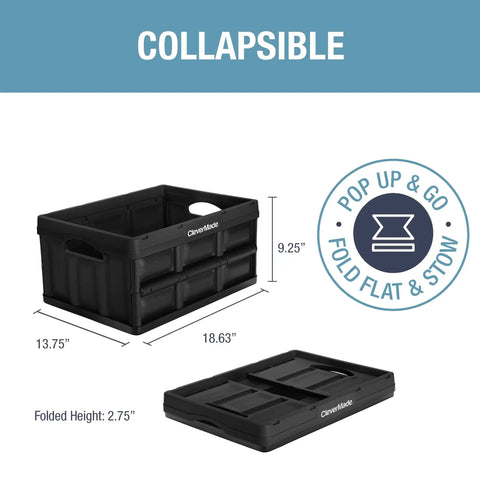 Collapsible Storage Bins 32L Three Pack Heavy Duty Stackable Crates folded and unfolded, 100% polypropylene