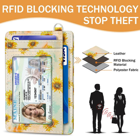 Sunflower RFID Card Holder Slim Wallet For Women Front Pocket Card Case With ID Window Dope PU Leather Organizer Travel Friendly
