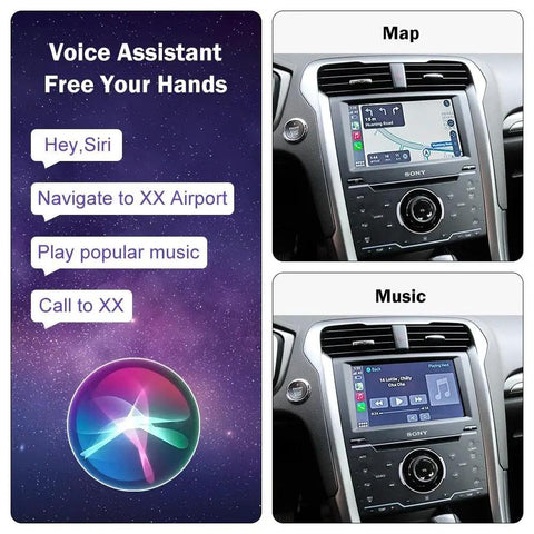 Wireless CarPlay And Android Auto Retrofit Kit Decoder For Ford 2013 2015 With Sync2 8 Inch LCD Screen showing maps and music