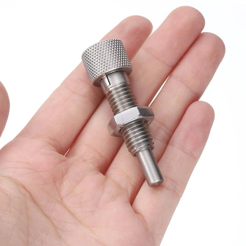 2 Pack M10x1.5 Stainless Steel Spring Plungers With 6mm Pin Dia Lockout Type Retractable Quick Release Pin in hand