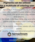 Black iron oxide mineral pigment (1 kg) shown with paint jars and brushes; Terrachrom logo visible.