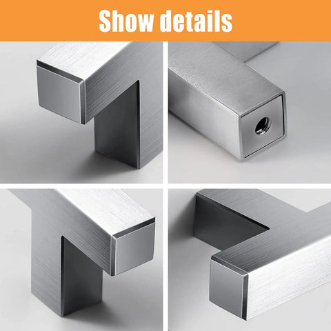 Close-up of 20 Pack T Bar Square Cabinet Knobs Stainless Steel Brushed Nickel Modern Euro Bar Style Single Hole Pull