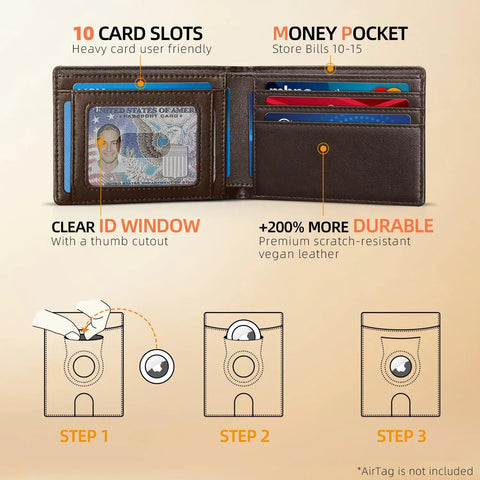 Open leather wallet showing 10 card slots, money pocket, and clear ID window, with steps for AirTag installation, bifold view.