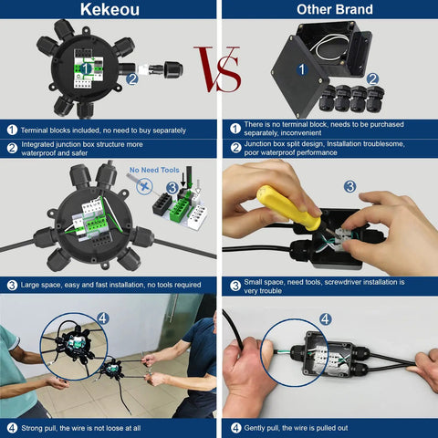 Comparison of Kekeou waterproof junction box cable connector for 2 to 6 way wiring and other brand features.