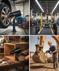 Heavy Duty Three Quarter Inch Air Impact Wrench Built On A Knockout Twin Hammer Frame in use on a vehicle tire.