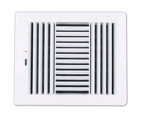Front view of Three Way Plastic Side Wall Ceiling Register In White For Duct Opening Outside 12W x 10H Inside 10W x 8H