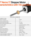 Nema 17 stepper motor with lead screw specifications and parameters for precise 3D printers, CNC, and robotics.