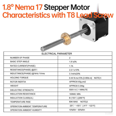 Nema 17 stepper motor with lead screw specifications and parameters for precise 3D printers, CNC, and robotics.