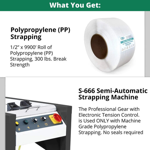 Top Shelf Semi-Automatic Table Top Strapping Machine Kit With 1/2 Inch By 9900 Feet White PP Polypropylene Strapping Roll.